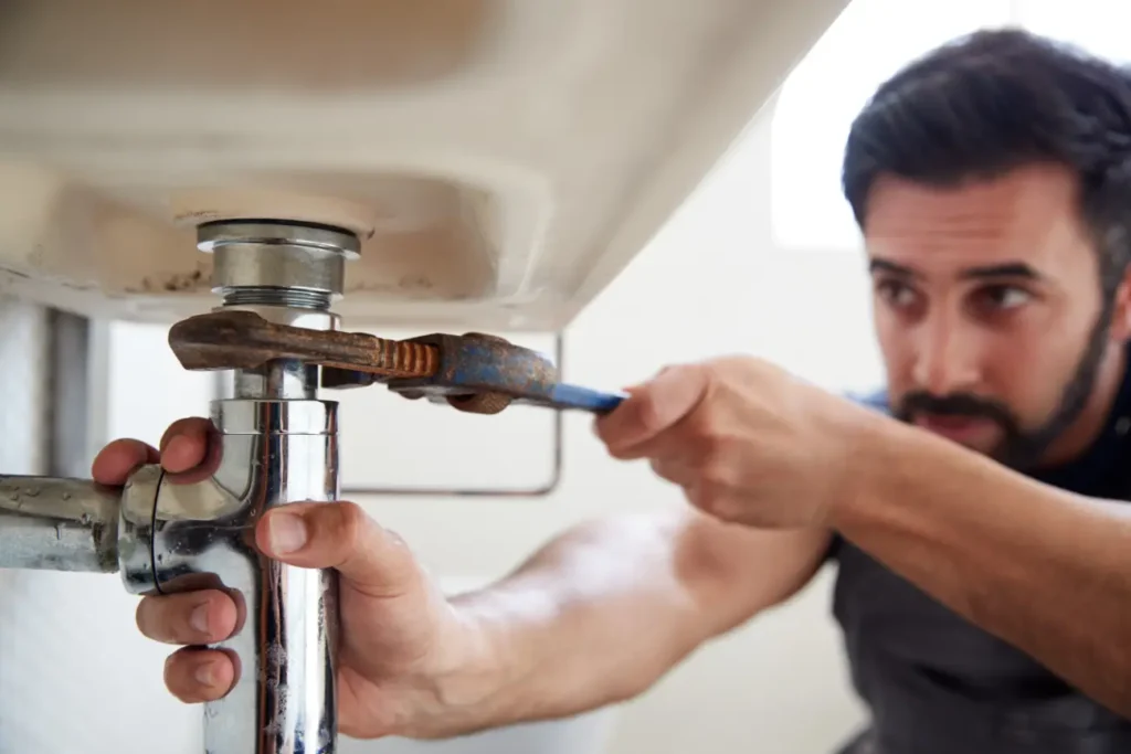 male-plumber-using-wrench-to-fix-leaking-sink